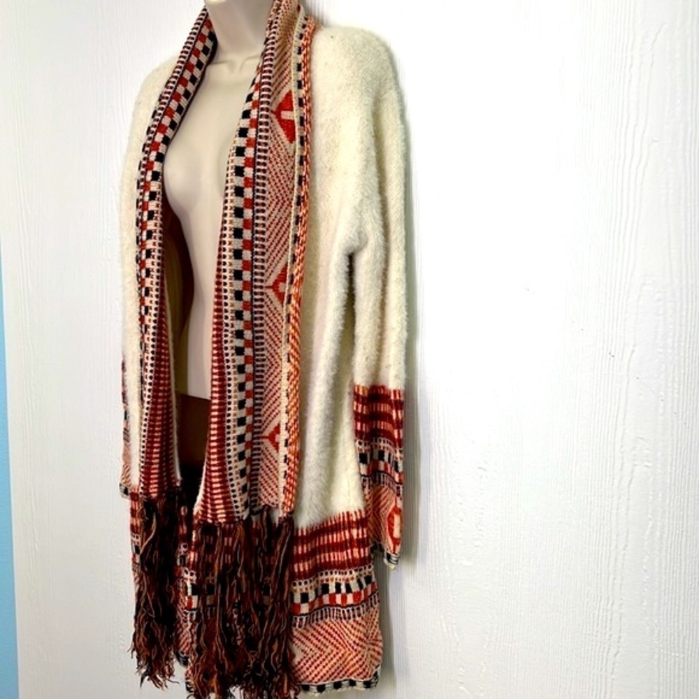 MAX SPORT - Ivory & Orange Long Boho Peruvian Fringe Beautiful Open Cardigan M - Picture 5 of 13